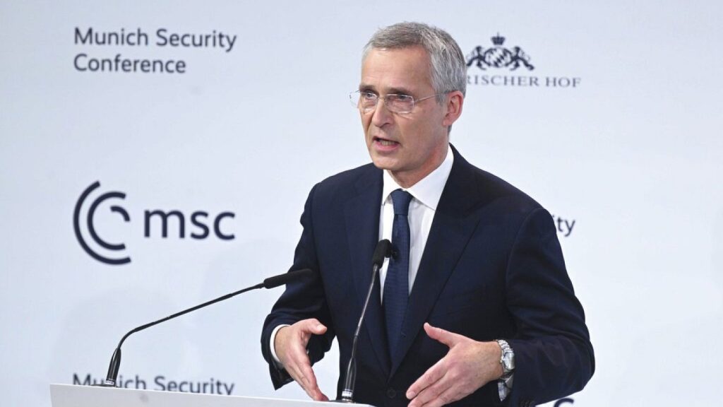 Jens Stoltenberg, le secrétaire général de l'OTAN, prononce un discours lors de la Conférence de Munich sur la sécurité, à Munich (Allemagne), le samedi 18 février 2023 - Felix Hoerhager/(c) Copyright 2023, Alle Rechte vorbehalten