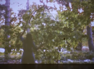 "Chapitre III : La chambre implantable", Maïté Marra, porte visible sur le mur où est projetée la vidéo