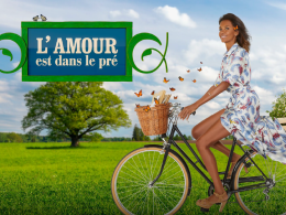 Logo de l'émission l'amour est dans le pré et karine le marchand