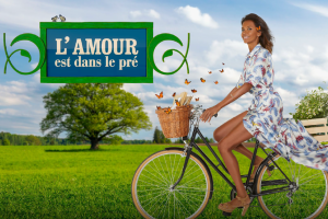 Logo de l'émission l'amour est dans le pré et karine le marchand