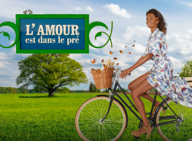 Logo de l'émission l'amour est dans le pré et karine le marchand