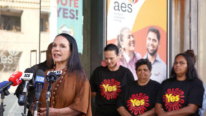 Minister for Indigenous Australians Linda Burney (left) speaks to indigenous community leaders at a press conference in Sydney on October 13, 2023, the day before a historic referendum. DAVID GRAY / AFP
