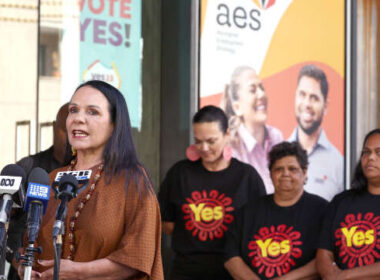 Minister for Indigenous Australians Linda Burney (left) speaks to indigenous community leaders at a press conference in Sydney on October 13, 2023, the day before a historic referendum. DAVID GRAY / AFP