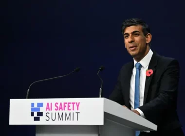 Rishi Sunak speaking at the press conference at the end of his AI safety summit. Photograph: Justin Tallis/AFP/Getty Images