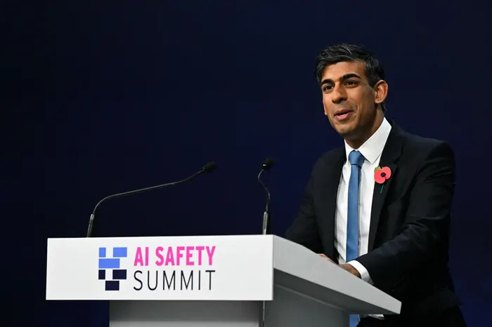 Rishi Sunak speaking at the press conference at the end of his AI safety summit. Photograph: Justin Tallis/AFP/Getty Images