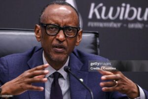 Paul Kagame, president of Rwanda, answering questions during a press conference on April 8 2024, after the commemoration of the thirtieth anniversary of the Tutsi’s genocide in Kigali. Credits: J. Countess, Getty images.