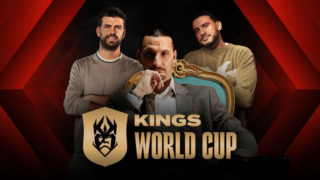Gérard Piqué, fondateur de la Kings League et de la Kings World Cup à gauche, Zlatan Ibrahimovic, représentant de la première édition de la Kings World Cup au centre et président de “Foot2Rue”, Amine à droite (Source: actu.6play)