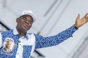 Brice Clotaire Oligui Nguema, candidate for the Gabonese presidential election during his campaign opening rally at the Amitie stadium in Libreville on March 29, 2025. After his coup d'etat of August 30, 2023, which brought down the regime of Ali Bongo Ondimba, and after having been the president of the transition and of the Committee for the Transition and the Restoration of Institutions (CTRI), he is a civilian candidate in this presidential election.The Gabonese presidential election take place on April 12, 2025. (Photo by: Desirey Minkoh/Afrikimages Agency/Universal Images Group via Getty Images)