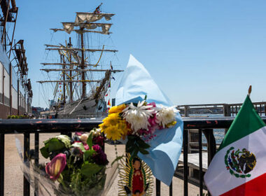 NEW YORK – MAY 19, 2025 – Flowers honor the Cuauhtémoc crew after the ship hit Brooklyn Bridge, killing two. (Photo by Spencer Platt/Getty Images)