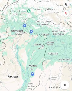 Map shows the 3 confirmed locations targeted by Indian missiles: 1. Muzaffarabad, Pakistani-administered Azad Kashmir. 2. Kotli, Pakistani-administered Azad Kashmir. 3. Bahawalpur, Pakistan proper.