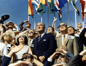 Agnew and Johnson observe Apollo 11’s launch on July 16, 1969. Armstrong, Aldrin, and Collins orbited the Moon by July 19, landed on the 20th, and returned safely to Earth on July 24. (NASA/Getty Images)
