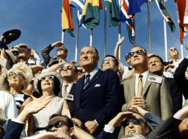 Agnew and Johnson observe Apollo 11’s launch on July 16, 1969. Armstrong, Aldrin, and Collins orbited the Moon by July 19, landed on the 20th, and returned safely to Earth on July 24. (NASA/Getty Images)