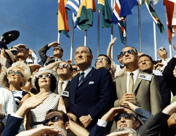 Agnew and Johnson observe Apollo 11’s launch on July 16, 1969. Armstrong, Aldrin, and Collins orbited the Moon by July 19, landed on the 20th, and returned safely to Earth on July 24. (NASA/Getty Images)