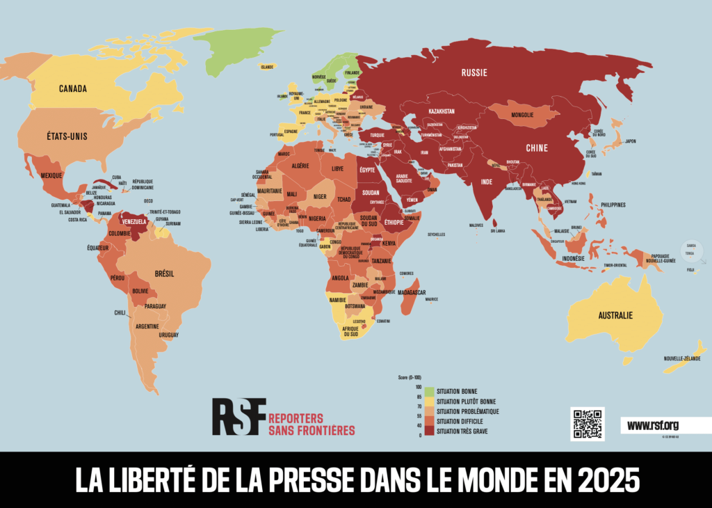 Cartographie de la liberté de l'état de la presse dans le monde en 2025. © RSF