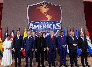 The ‘Shield of the Americas’ summit on 7 March 2026 in Doral, Florida. Front row: Kamla Persad-Bissessa of Trinidad and Tobago, Santiago Peña of Paraguay, Luis Abinader of the Dominican Republic, Nayib Bukele of El Salvador, Donald Trump, Mohamed Irfaan Ali of Guyana, Rodrigo Chaves Robles of Costa Rica and Daniel Noboa of Ecuador. Back row: Rodrigo Paz Pereira of Bolivia, Javier Milei of Argentina, José Raúl Mulino of Honduras and Jose Antonio Kast of Chile. Photograph: Mark Schiefelbein/AP