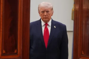President Donald Trump arrives to speak in the Cross Hall of the White House on April 1, 2026. (Photo by Alex Brandon-Pool/Getty Images)