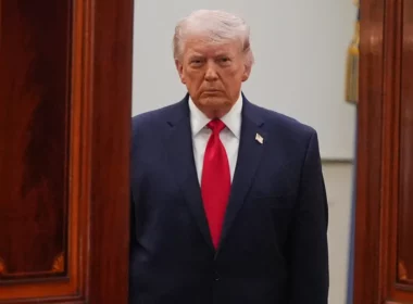President Donald Trump arrives to speak in the Cross Hall of the White House on April 1, 2026. (Photo by Alex Brandon-Pool/Getty Images)